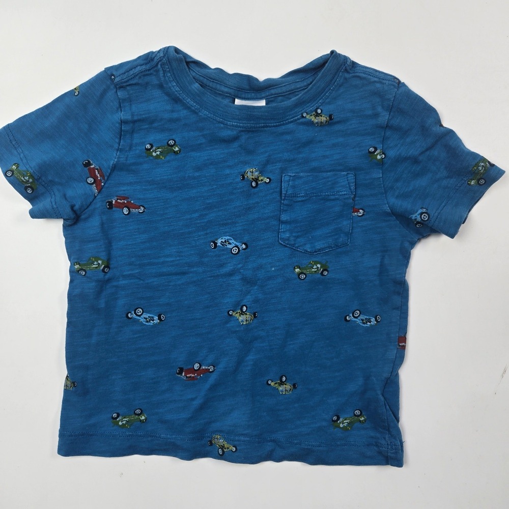 Hanna Andersson Pocket Tee Boys 3 Blue Vintage Race Car Slub Knit T-Shirt